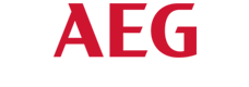 Logo AEG w kolorze czerwonym na białym tle.