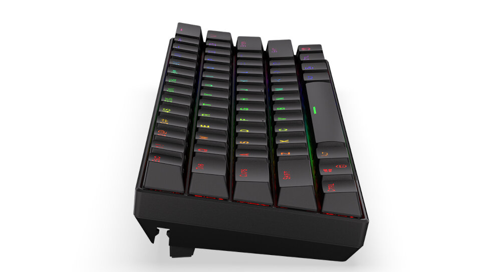 Klawiatura mechaniczna z podświetleniem RGB, widoczna z boku, z klawiszami w różnych kolorach. Obudowa jest czarna, a klawisze mają wyraźne oznaczenia.