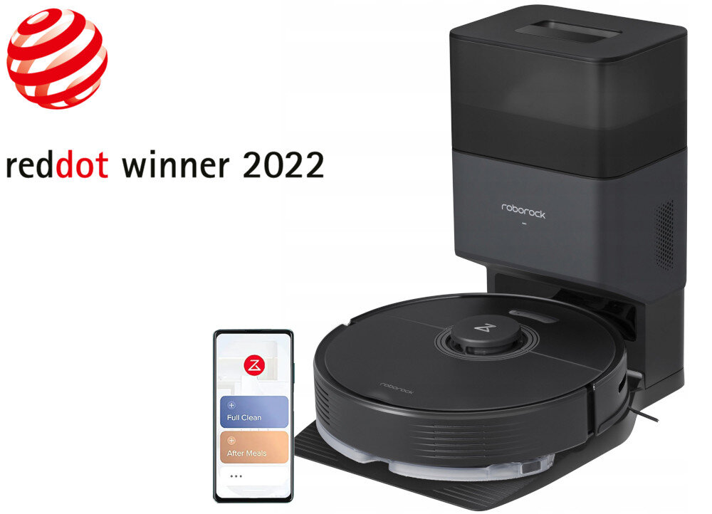 Na zdjęciu widoczny jest czarny robot sprzątający z bazą ładującą oraz smartfon z aplikacją. Widoczny tekst to \'reddot winner 2022\' i \'roborock\'.