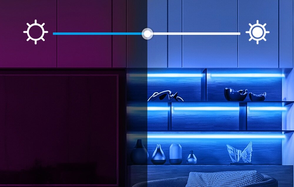 Obraz przedstawia wnętrze z półkami oświetlonymi taśmą LED, z lewej strony w kolorze fioletowym, a z prawej w niebieskim. Na górze widoczny jest suwak z ikonami słońca po obu stronach, wskazujący możliwość regulacji jasności.