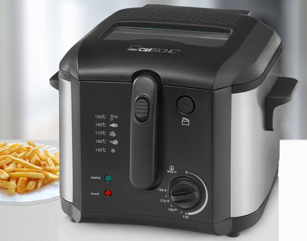 Frytkownica z czarną obudową i okienkiem na górze, z widocznymi oznaczeniami temperatury od 150°C do 190°C oraz przyciskami \'Heating\' i \'Power\'. Obok frytkownicy znajduje się talerz z frytkami.