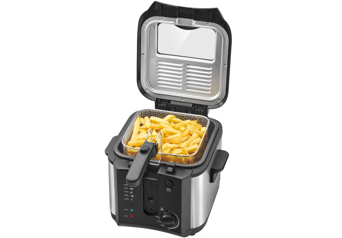 Frytkownica z otwartą pokrywą, w której znajduje się kosz z frytkami. Na pokrywie widoczne jest okienko do obserwacji postępów gotowania.