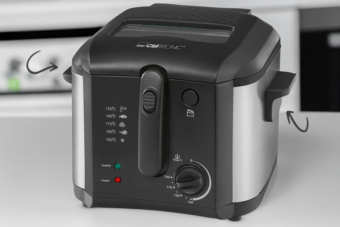 Frytkownica Clatronic z okienkiem do obserwacji, posiada pokrętło do regulacji temperatury oraz wskaźniki świetlne. Widoczne są temperatury: 150°C, 160°C, 170°C, 180°C, 190°C oraz logo Clatronic.