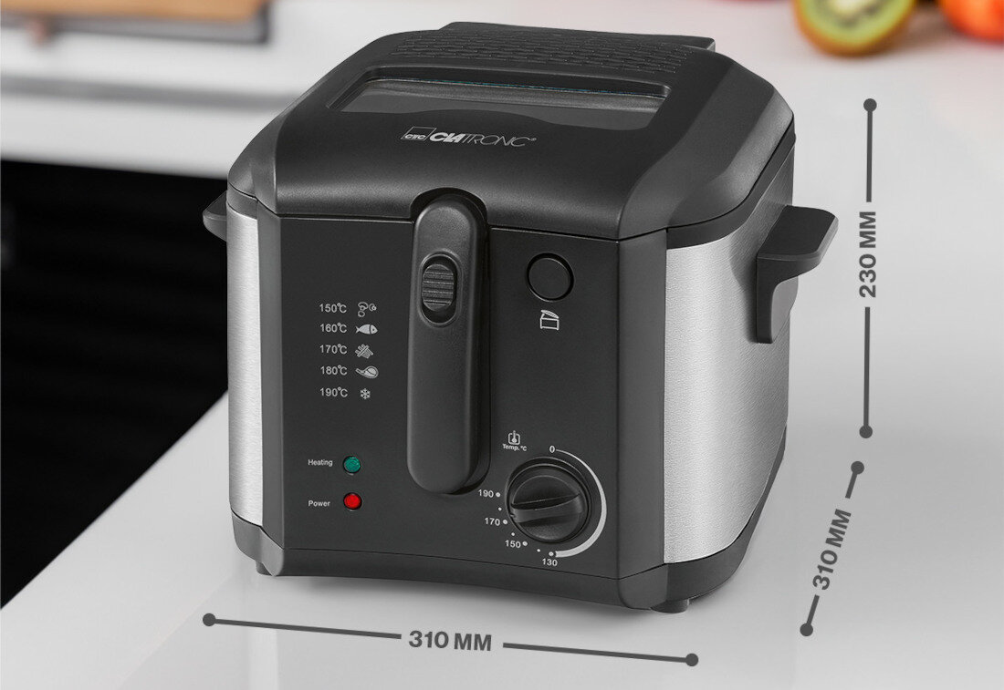 Frytkownica z czarną pokrywą i srebrnymi bokami, z okienkiem do obserwacji. Na froncie widoczne są przyciski i pokrętło z oznaczeniami temperatury od 150°C do 190°C oraz diody \'Heating\' i \'Power\'.