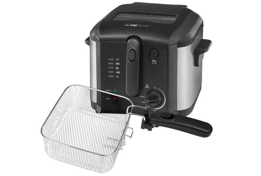 Frytkownica z metalowym koszykiem i czarną obudową, posiada pokrętło do regulacji temperatury oraz okienko do obserwacji. Na obudowie widoczne są oznaczenia temperatur: 130°C, 150°C, 170°C, 190°C oraz logo \'Clatronic\'.