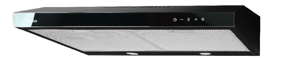 Czarny okap kuchenny z panelem sterowania z ikonami i dwoma metalowymi filtrami. Na panelu widoczne są symbole: włącznik, prędkość wentylatora i oświetlenie.