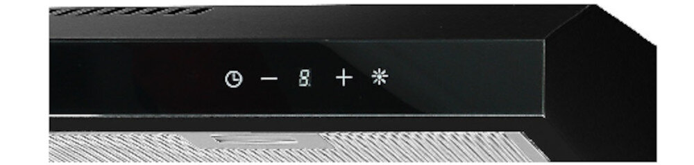 Panel sterowania okapu z czarnym szkłem, na którym widoczne są ikony: zegar, symbol osoby, znak plus i gwiazdka.