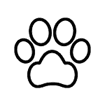 Czarna ikona przedstawiająca odcisk łapy zwierzęcia na białym tle.