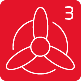 Czerwona ikona z białym symbolem wentylatora i cyfrą 3 w rogu.