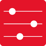 Czerwona ikona z trzema białymi poziomymi liniami, na których znajdują się białe okrągłe suwaki.