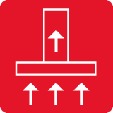 Czerwona ikona z białym symbolem okapu kuchennego i strzałkami wskazującymi do góry.