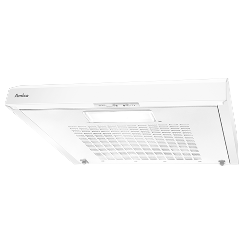 Biały okap kuchenny z widocznym logo \'Amica\' na górnej części. Posiada kratkę wentylacyjną i panel sterowania z przyciskami.