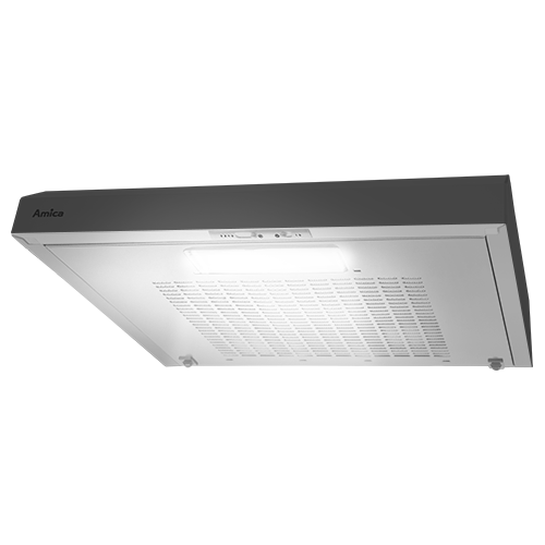Biały okap kuchenny z widocznym logo Amica, posiada kratkę wentylacyjną i wbudowane oświetlenie. Panel sterowania znajduje się na przedniej krawędzi urządzenia.