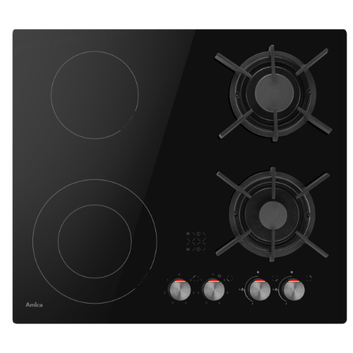 Czarna płyta gazowo-ceramiczna z dwoma palnikami gazowymi z metalowymi rusztami i dwoma polami ceramicznymi. Na dole znajdują się cztery pokrętła z czerwonymi oznaczeniami oraz logo Amica.