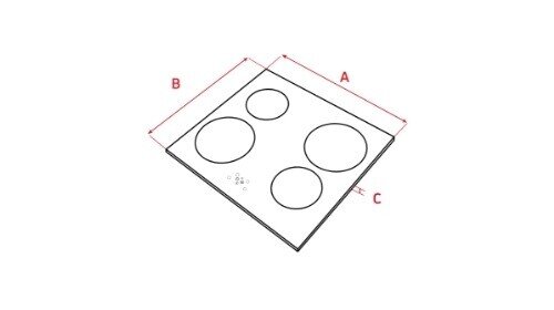 Schemat płyty z czterema okrągłymi palnikami różnej wielkości. Widoczne są oznaczenia wymiarów A, B i C.