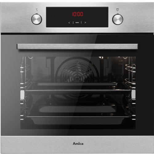 Piekarnik elektryczny w kolorze inox z czarnym panelem frontowym, na którym widoczny jest czerwony wyświetlacz z godziną 10:00. Na panelu znajdują się dwa pokrętła oraz logo Amica.
