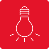 Czerwona ikona z białym konturem żarówki, symbolizująca oświetlenie lub pomysł.