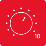 Czerwony kwadrat z białym symbolem pokrętła i liczbą 10.