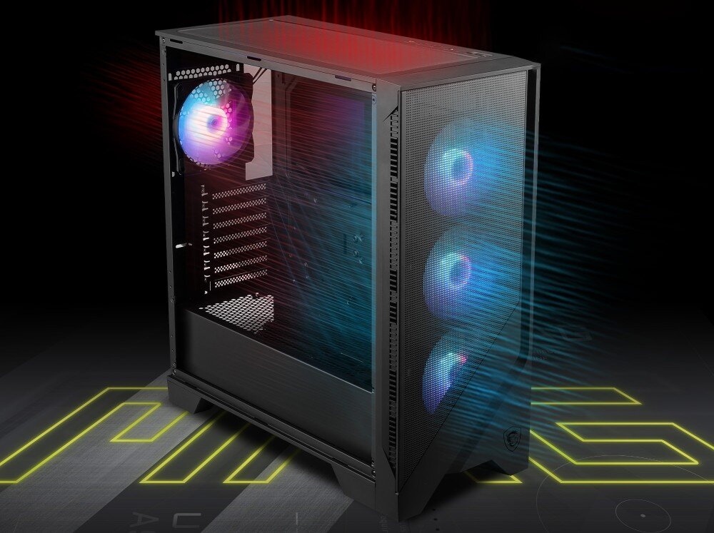 Obudowa MSI Mag Forge 321R Airflow Przekrój obudowy komputerowej z zaznaczonym kierunkiem przepływu powietrza: niebieskie strzałki z przodu i czerwone wychodzące z góry i tyłu. Widać trzy przednie wentylatory i jeden tylny, siatkowe panele, wentylatory, chłodzenie