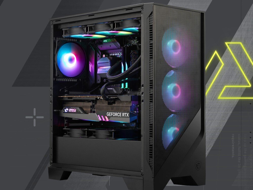 Obudowa MSI Mag Forge 321R Airflow Obudowa komputerowa z zamontowanymi podzespołami: karta graficzna MSI GeForce RTX, chłodzenie cieczą z wentylatorami RGB na górze, wentylator z tyłu i trzy z przodu. Wnętrze jest podświetlone, rozbudowa, chłodzenie wodne