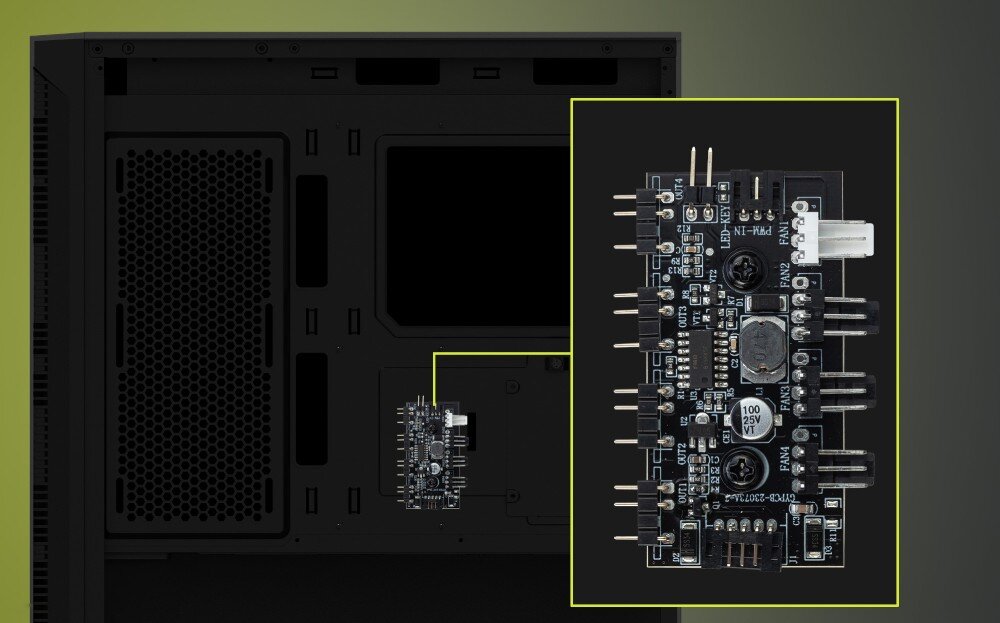 Obudowa MSI Mag Forge 321R Airflow Zbliżenie na panel z kontrolerem wentylatorów ARGB zamontowanym w obudowie. Po prawej stronie widoczny jest powiększony widok płytki drukowanej z złączami wentylatorów i elementami elektronicznymi, kontroler ARGB, efekty, kolory