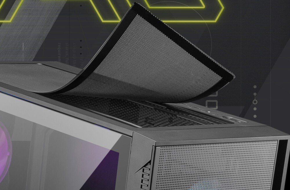 Obudowa MSI Mag Forge 321R Airflow Zbliżenie na górną część obudowy komputerowej z podniesionym magnetycznym filtrem przeciwpyłowym. Pod filtrem widoczna jest perforowana siatka wentylacyjna, filtry przeciwkurzowe, 