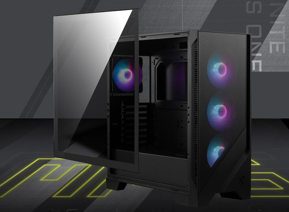 Obudowa MSI Mag Forge 321R Airflow Widok obudowy komputerowej z uchylonym bocznym panelem z hartowanego szkła. Wewnątrz zamontowany jeden wentylator z tyłu oraz trzy z przodu, szklany bok, widoczność