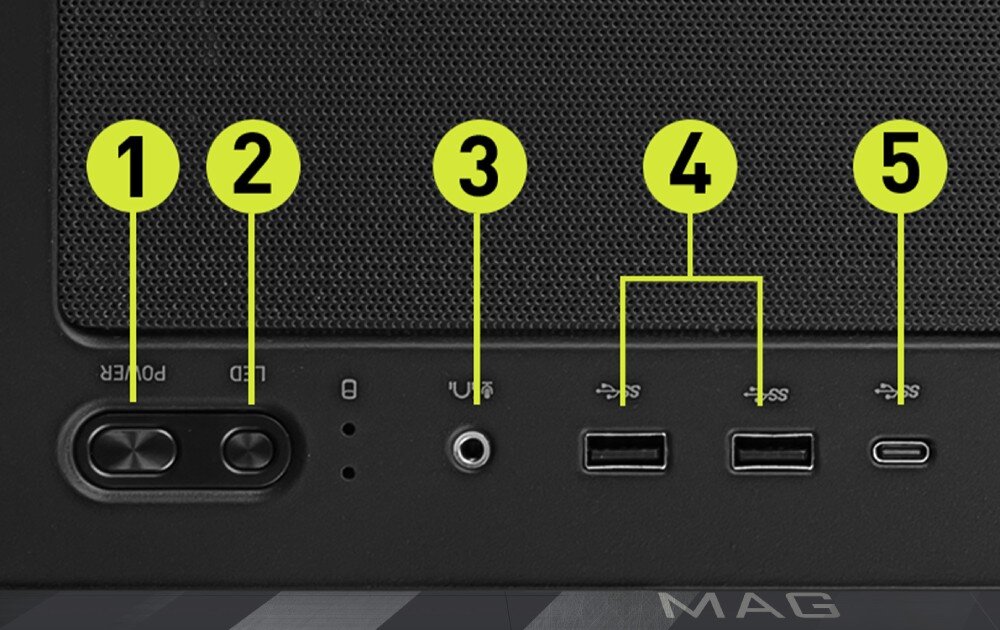 Obudowa MSI Mag Forge 321R Airflow Zbliżenie na panel wejść/wyjść na górnej części obudowy. Oznaczone są kolejno: przycisk zasilania, przycisk LED, złącze audio, dwa porty USB typu A oraz jedno USB typu C, gniazda, podłączenie
