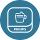 Ikona przedstawia biały symbol filiżanki z trzema poziomymi liniami na niebieskim tle. Poniżej znajduje się napis \'PHILIPS\'.