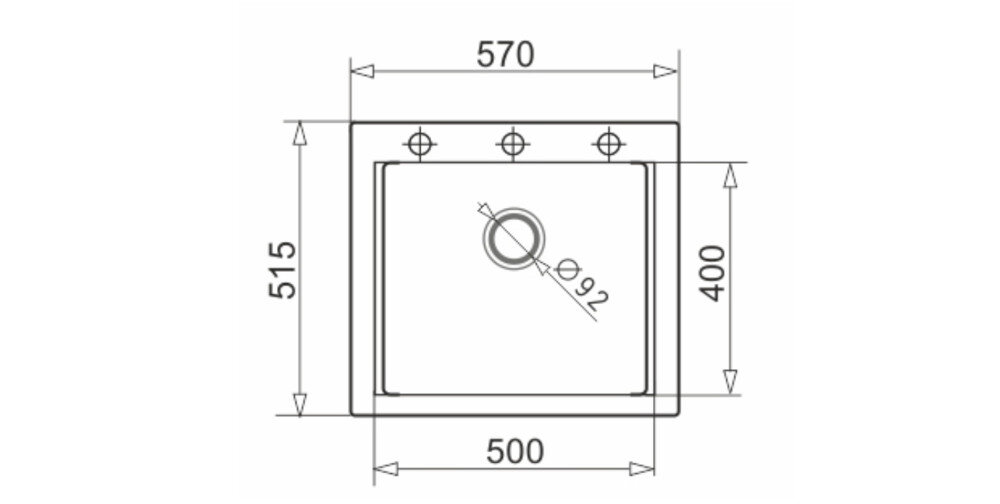 Schemat techniczny zlewozmywaka jednokomorowego z wymiarami: szerokość 570 mm, głębokość 515 mm, szerokość komory 500 mm, głębokość komory 400 mm, średnica otworu 92 mm.