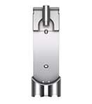 Srebrny element odkurzacza o prostokątnym kształcie z zaokrąglonymi krawędziami i trzema otworami na dole.