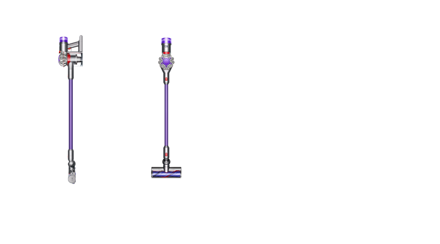 Na obrazie widoczne są dwa odkurzacze pionowe w kolorze fioletowym z szarymi elementami. Oba mają przezroczysty pojemnik na kurz i różnią się końcówkami czyszczącymi.