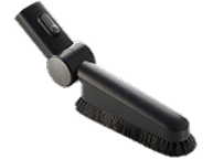 Czarna szczotka do odkurzacza z przyciskiem na uchwycie. Włosie szczotki jest gęste i ciemne.