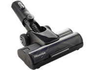 Czarna głowica odkurzacza z widocznym logo Hisense. Elementy konstrukcji obejmują kółka i przyciski.