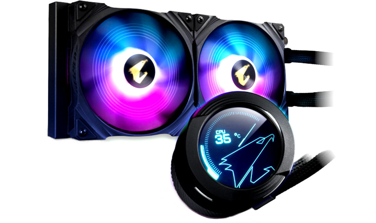 Obraz przedstawia system chłodzenia wodnego z dwoma wentylatorami RGB emitującymi kolorowe światło. Na wyświetlaczu widoczny jest symbol orła oraz tekst \'CPU 35°C\'.