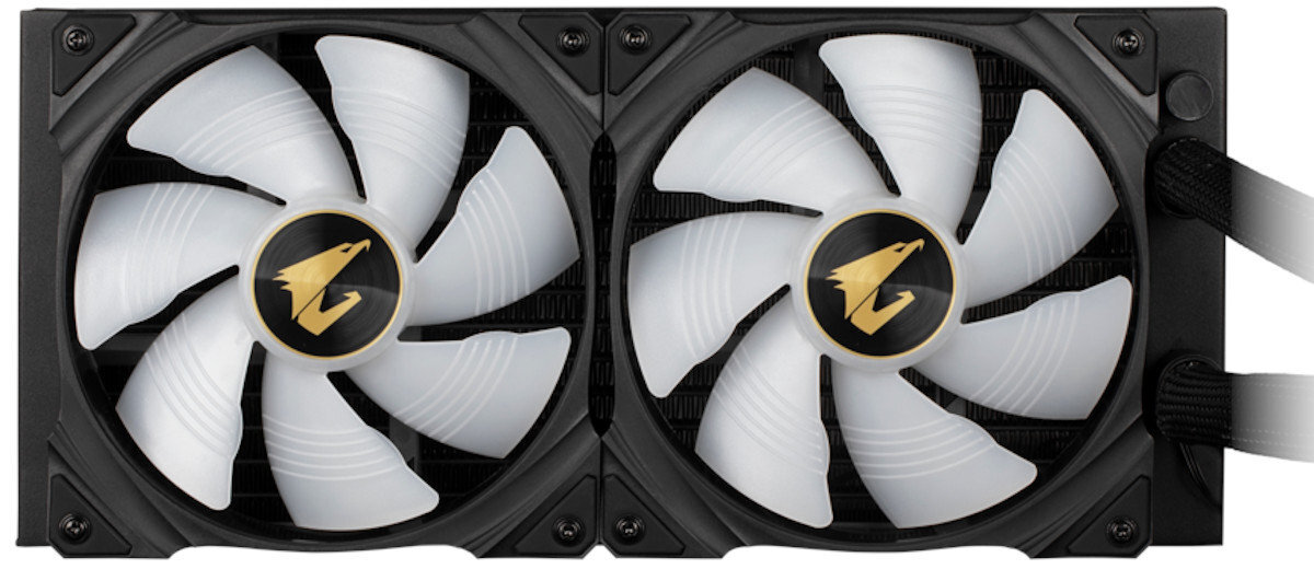 Obraz przedstawia chłodzenie wodne z dwoma wentylatorami o białych łopatkach. Na środku wentylatorów znajduje się logo z głową orła na czarnym tle.