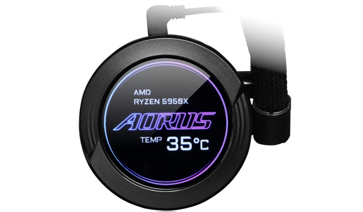 Na obrazie widoczny jest okrągły wyświetlacz z tekstem: \'AMD RYZEN 5950X AORUS TEMP 35°C\'. Wyświetlacz jest częścią systemu chłodzenia wodnego.
