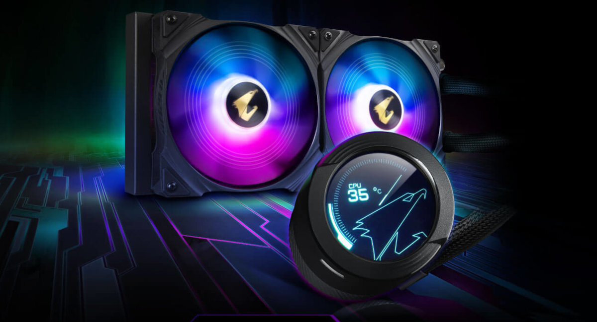 Obraz przedstawia chłodzenie wodne z dwoma wentylatorami RGB oraz wyświetlaczem pokazującym temperaturę CPU 35°C i logo producenta. Tło jest ciemne z kolorowymi, futurystycznymi wzorami.