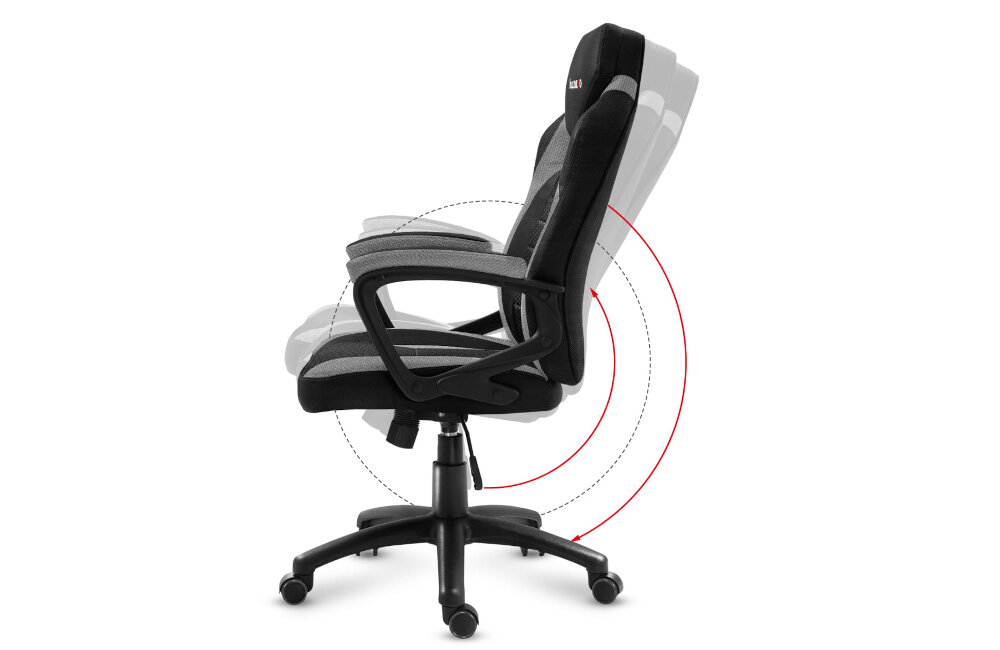 Obraz przedstawia szary fotel biurowy z podłokietnikami, umieszczony na pięcioramiennej podstawie z kółkami. Na oparciu widoczne jest logo \'HUZARO\'.