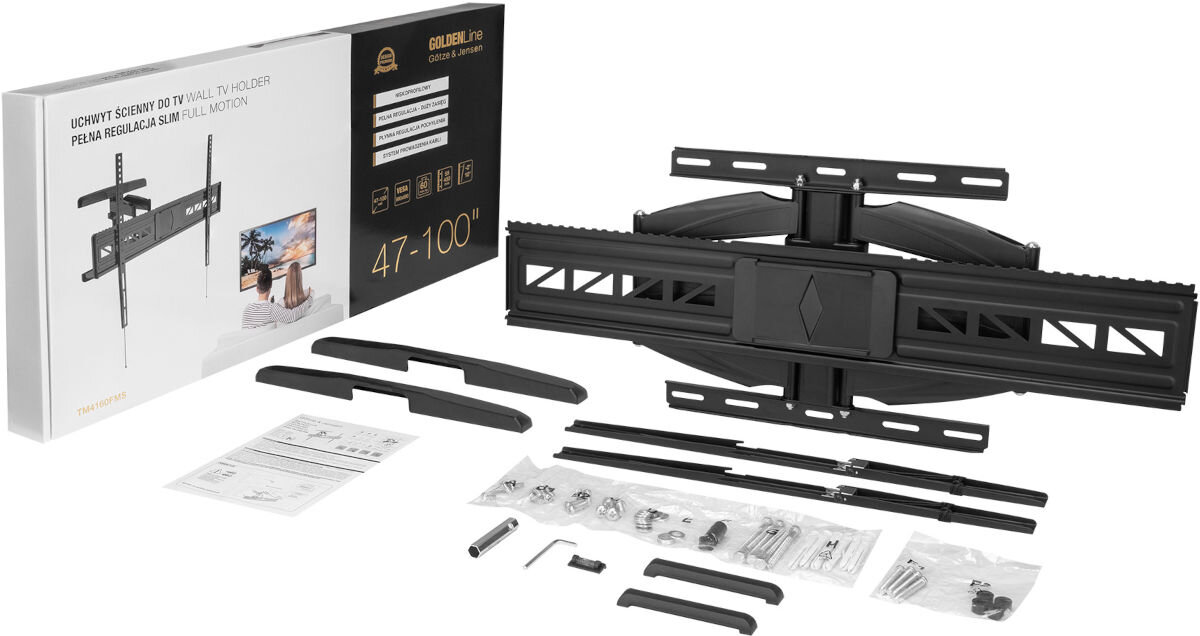 Na obrazie widoczny jest zestaw montażowy do telewizora, w tym uchwyt ścienny w kolorze czarnym oraz różne elementy montażowe. Obok znajduje się pudełko z napisem \'UCHWYT ŚCIENNY DO TV WALL TV HOLDER PEŁNA REGULACJA SLIM FULL MOTION 47-100\'.