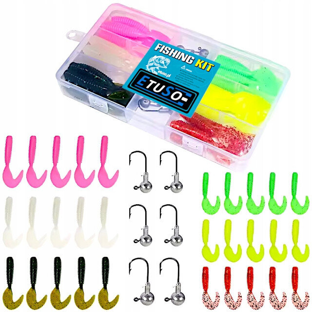 Zestaw przynęt spinningowych w plastikowym pudełku z napisem \'FISHING KIT ETUSO\'. W skład zestawu wchodzą kolorowe gumy twistery i główki jigowe, ułożone w rzędach.