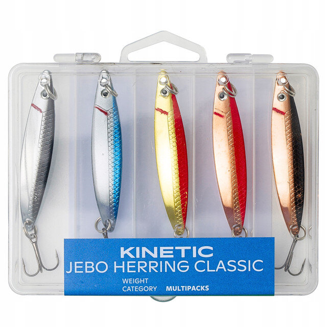Zestaw pięciu błystek wahadłówek w różnych kolorach umieszczony w przezroczystym opakowaniu. Na opakowaniu widoczny jest napis: \'KINETIC JEBO HERRING CLASSIC WEIGHT CATEGORY MULTIPACKS\'.