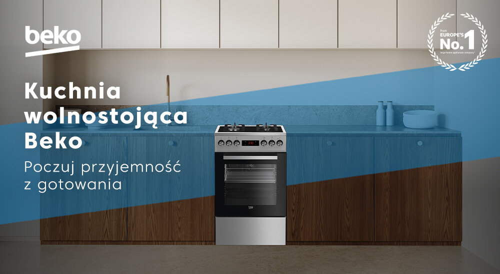 Na obrazie znajduje się kuchnia wolnostojąca marki Beko umieszczona w nowoczesnej kuchni. Widoczny jest tekst: \'Kuchnia wolnostojąca Beko Poczuć przyjemność z gotowania\', a w lewym górnym rogu znajduje się logo Beko.