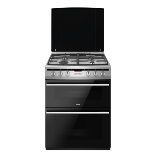 Czarna kuchnia wolnostojąca z czterema palnikami gazowymi na górze i dwoma piekarnikami poniżej. Na panelu sterowania widoczne są pokrętła i wyświetlacz cyfrowy.