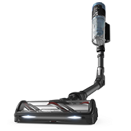 Odkurzacz pionowy z przezroczystym pojemnikiem na kurz i elastyczną rurą. Na głowicy odkurzacza znajdują się diody LED.