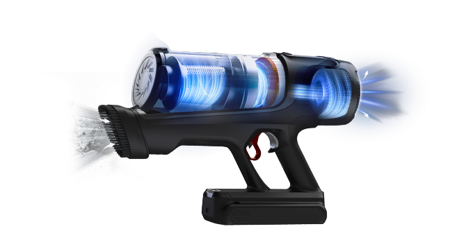 Obraz przedstawia część odkurzacza z widocznym przepływem powietrza i cząsteczkami kurzu. Urządzenie ma przezroczysty pojemnik i czarną obudowę.