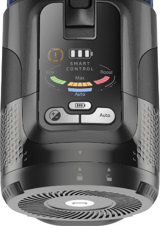 Panel sterowania odkurzacza z wyświetlaczem pokazującym poziom naładowania baterii oraz tryby pracy: Eco, Max, Boost. Widoczne są przyciski z ikonami oraz napisy \'Smart Control\' i \'Auto\'.