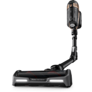 Odkurzacz pionowy z elastyczną rurą i przezroczystym pojemnikiem na kurz. Widoczne logo \'Tefal\' na głowicy odkurzacza.