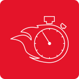 Czerwony kwadrat z białą ikoną stopera otoczonego płomieniem.