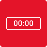 Czerwony kwadrat z białym obramowaniem prostokąta, wewnątrz którego znajduje się biały napis \'00:00\'.